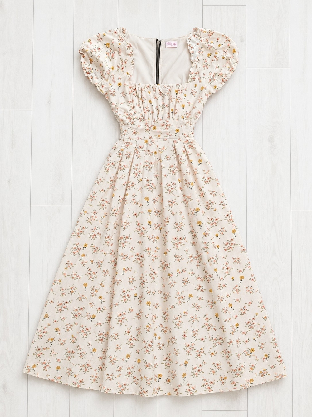 Pink Lily Cream Floral Puff-Sleeve Midi Dress